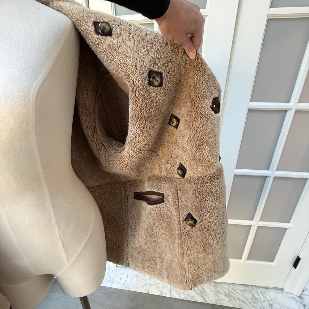 Vintage Chocolate Brown Double-Breasted Genuine Shearling Coat Reversible - Picture 5 of 12